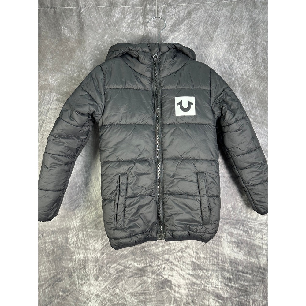 True Religion Puffer Jacket Boys XS Metallic HS Black Hooded Logo Quilted